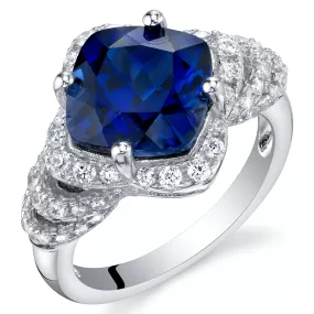 Blue Sapphire Halo Ring Sterling Silver Cushion 4.50 Carats Size 5