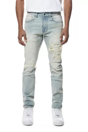 Distressed Rip & Repair Slim Tapered Denim Jeans - Elm Blue