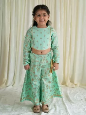 Girl Ethnic Co-ord Set Embroidered- Green