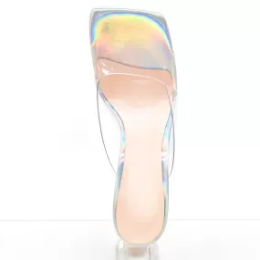 Holographic Transparent Chunky Heel Square Toe Sandals Mules