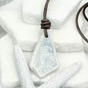 Light Blue and White Floral Sea Shard Pottery Leather Necklace | #5094