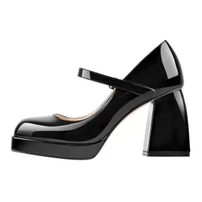 Mary Jane Square Platform Chunky Heels Pumps