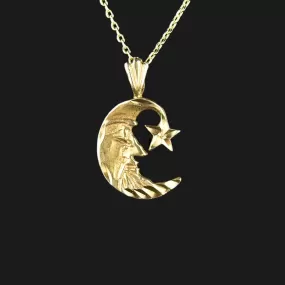 Vintage 14K Gold Etched Man in the Moon Pendant Necklace