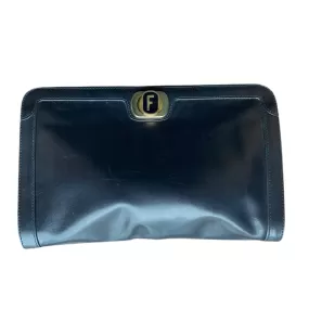 Vintage Navy Blue Leather Clutch by Salvatore Ferragamo. Gold Tone Hardware. 1980s Designer Bag.