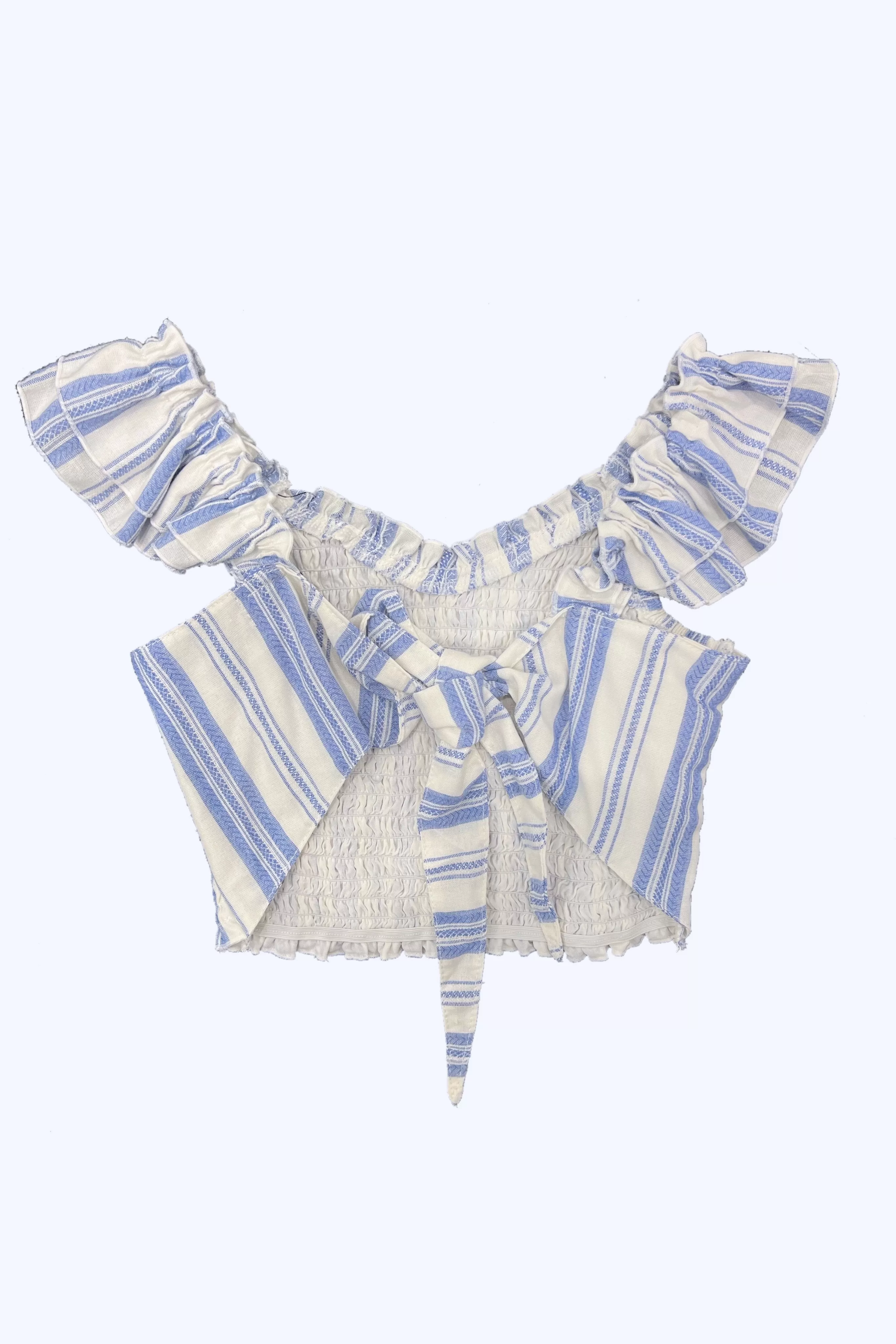 White Blue Woven Stripe Ruffle Strap Top